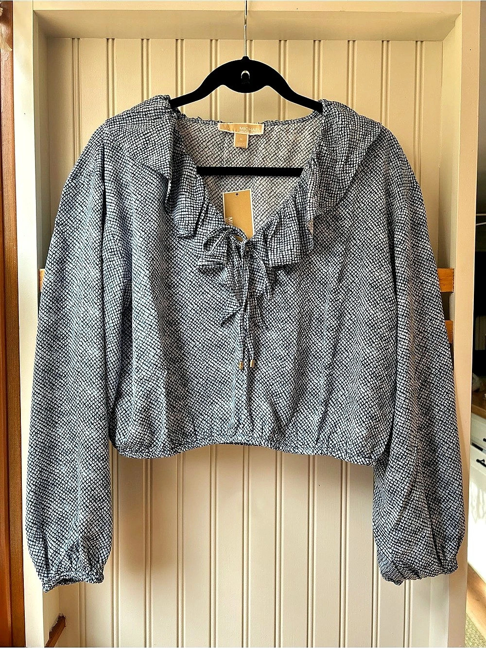 Michael Kors Geometric Long Sleeve Blouse in Blue & White Size Medium NWT